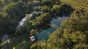 Vista aérea de un río rodeado de abundante vegetación, con una pequeña construcción en la orilla.