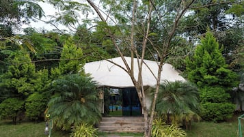 A covered outdoor seating area with steps leading up to it, surrounded by lush greenery.