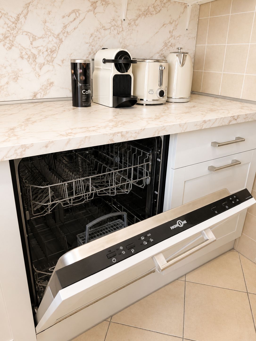 Eine Küche mit eingebautem Geschirrspüler, Kaffeemaschine und Toaster.