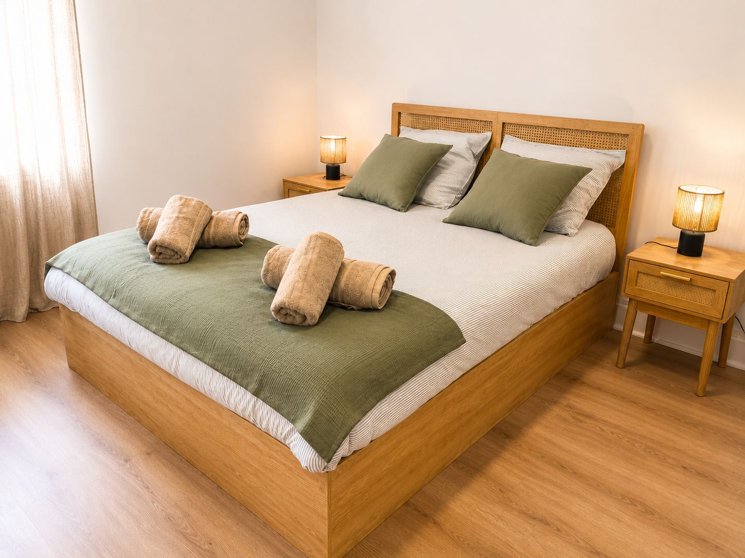 Una cama bien hecha con una manta verde, dos almohadas y toallas enrolladas. Hay dos mesitas de noche con lámparas, una a cada lado de la cama.