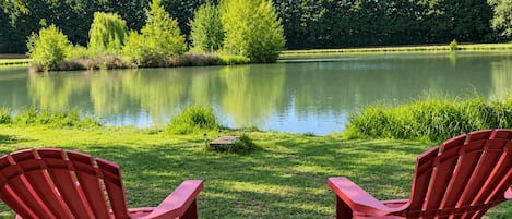 Two red Adirondack chairs facing a calm lake with a forested backdrop.