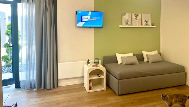Een moderne woonkamer met een grijze bank, een aan de muur bevestigde televisie en een klein witte bijzettafeltje met een plant.