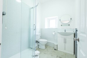 A modern bathroom with a glass shower enclosure, a toilet, a sink, and a mirror. - The Stanley Arms Hotel by Guestz (Seascale)