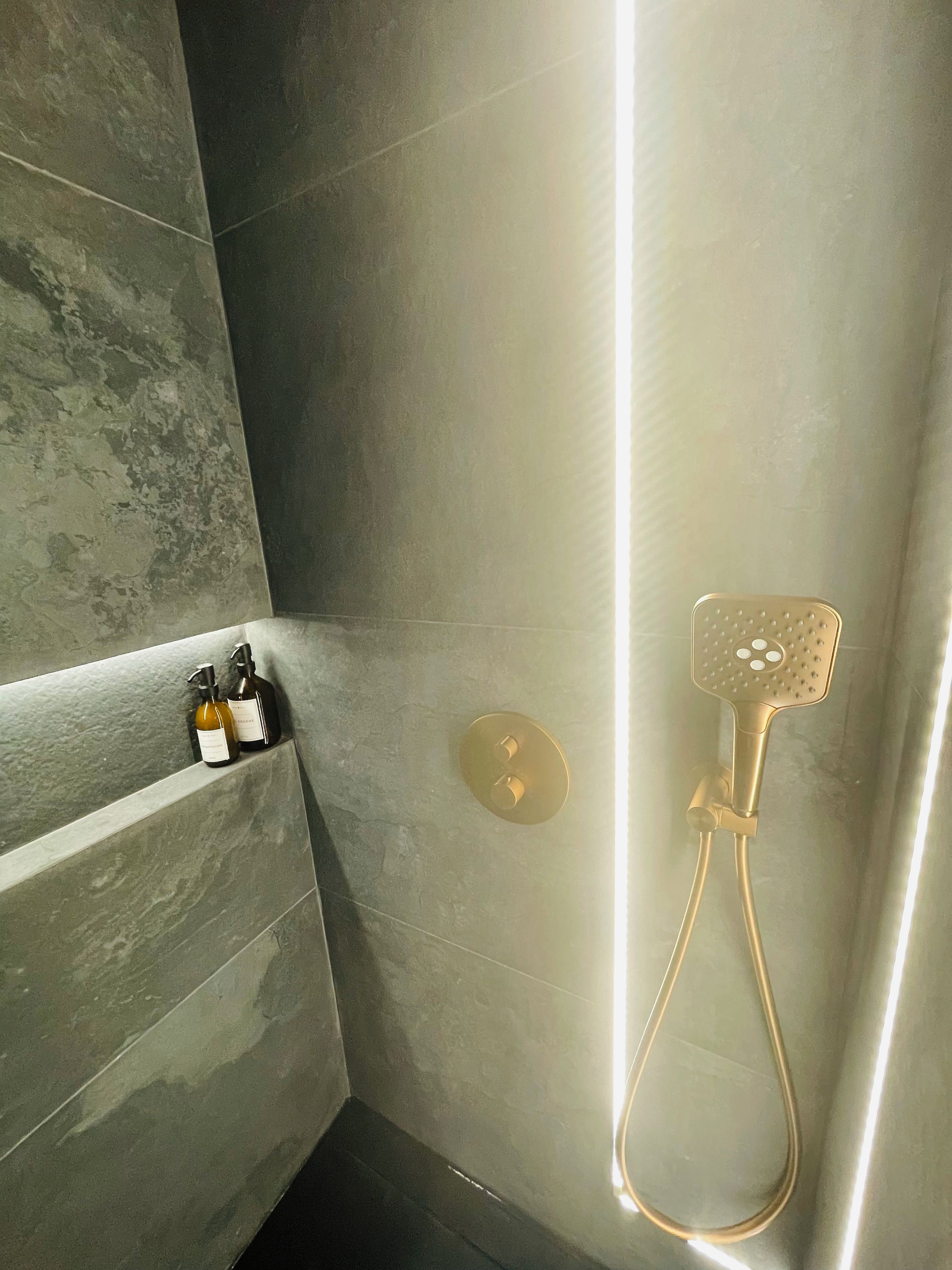 A shower area with a handheld showerhead, a wall-mounted control panel, and two bottles of liquid soap on a shelf.