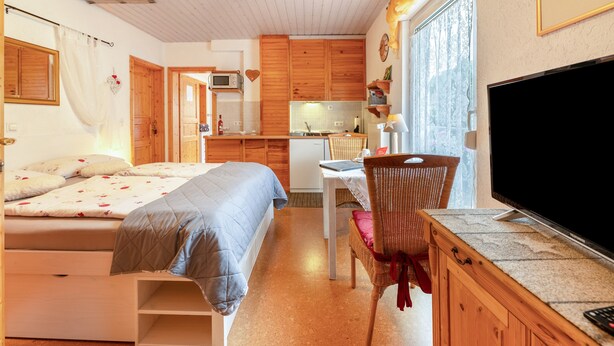 Een kleine kamer met een bed, een bureau, een stoel, een televisie en een kitchenette.
