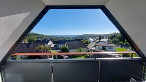 Vista desde una ventana con marco triangular, sobre una zona residencial con casas y cielo despejado.