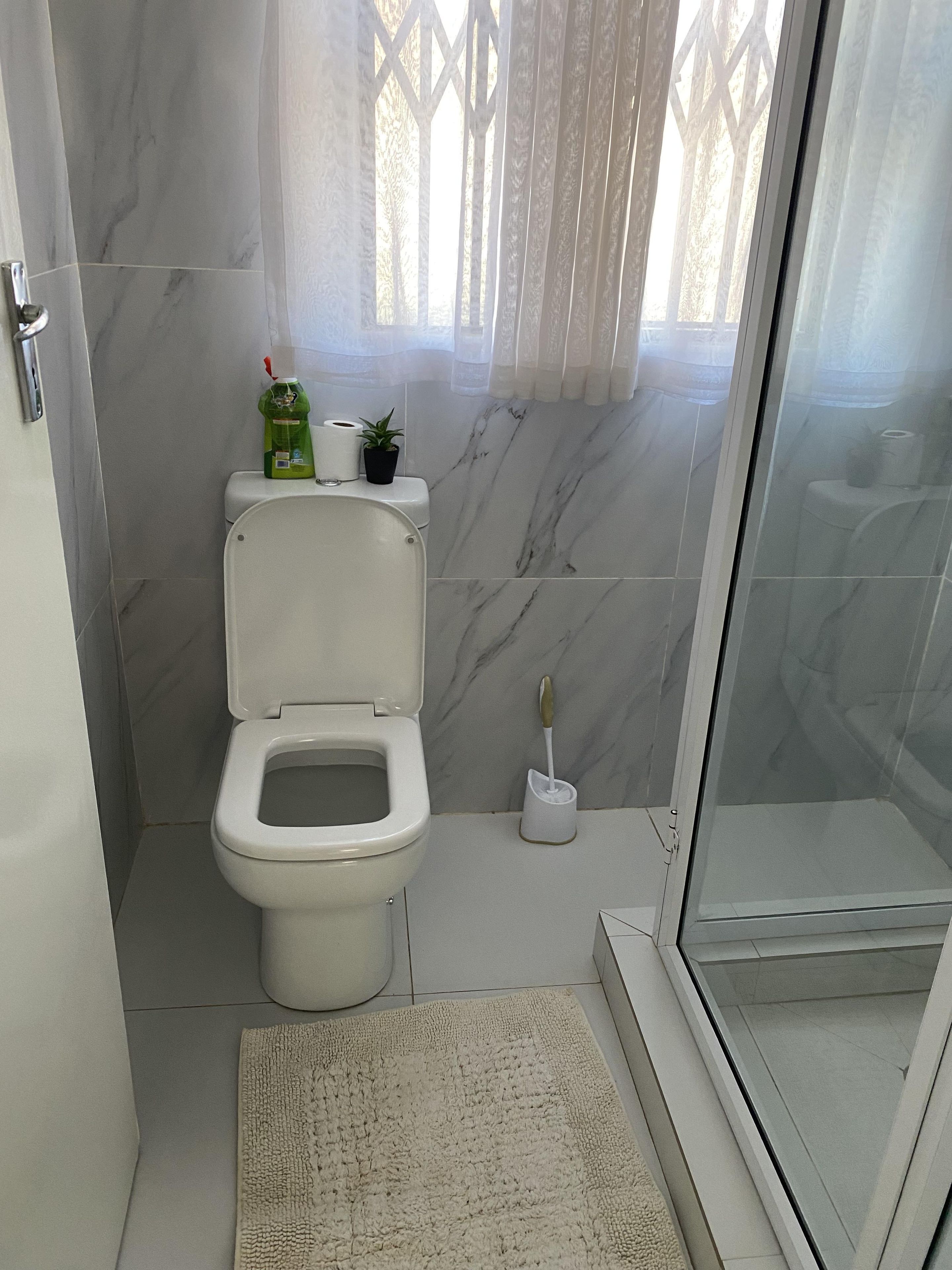 Ein Badezimmer mit Toilette, einer Duschkabine aus Glas und einem Marmorboden.