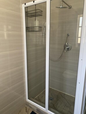Un box de ducha con puerta de cristal, un cabezal de ducha y una alcachofa de mano.