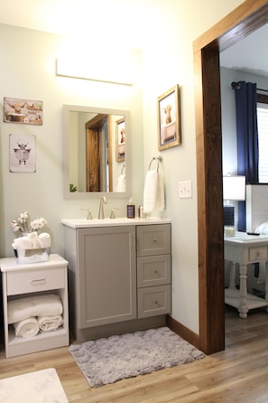 A bathroom with a vanity, sink, mirror, towel rack, and a small rug. - Charming 2-BR farmhouse w/Hot Tub in delightful Bryson City, 2 min to downtown (Bryson City)