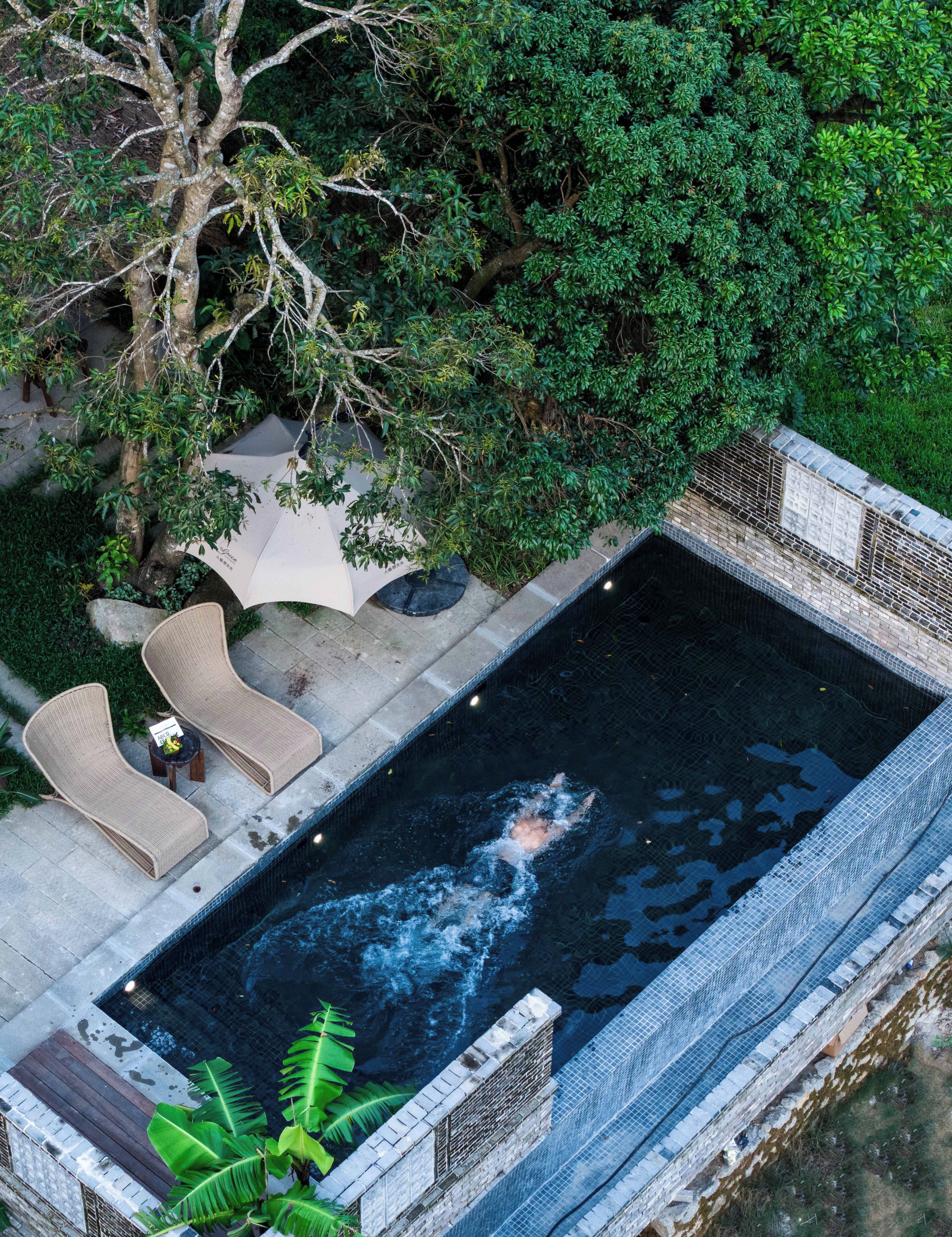 An aerial view of a swimming pool with a tiled edge, surrounded by lush greenery and a stone pathway.