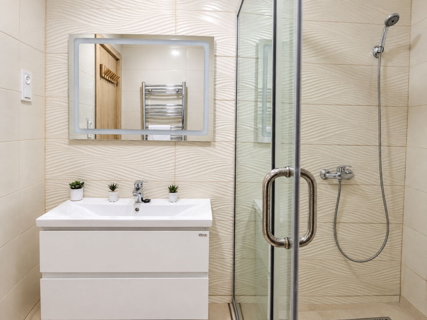 A modern bathroom with a glass shower enclosure, a white sink with two plants, and a mirror above the sink.