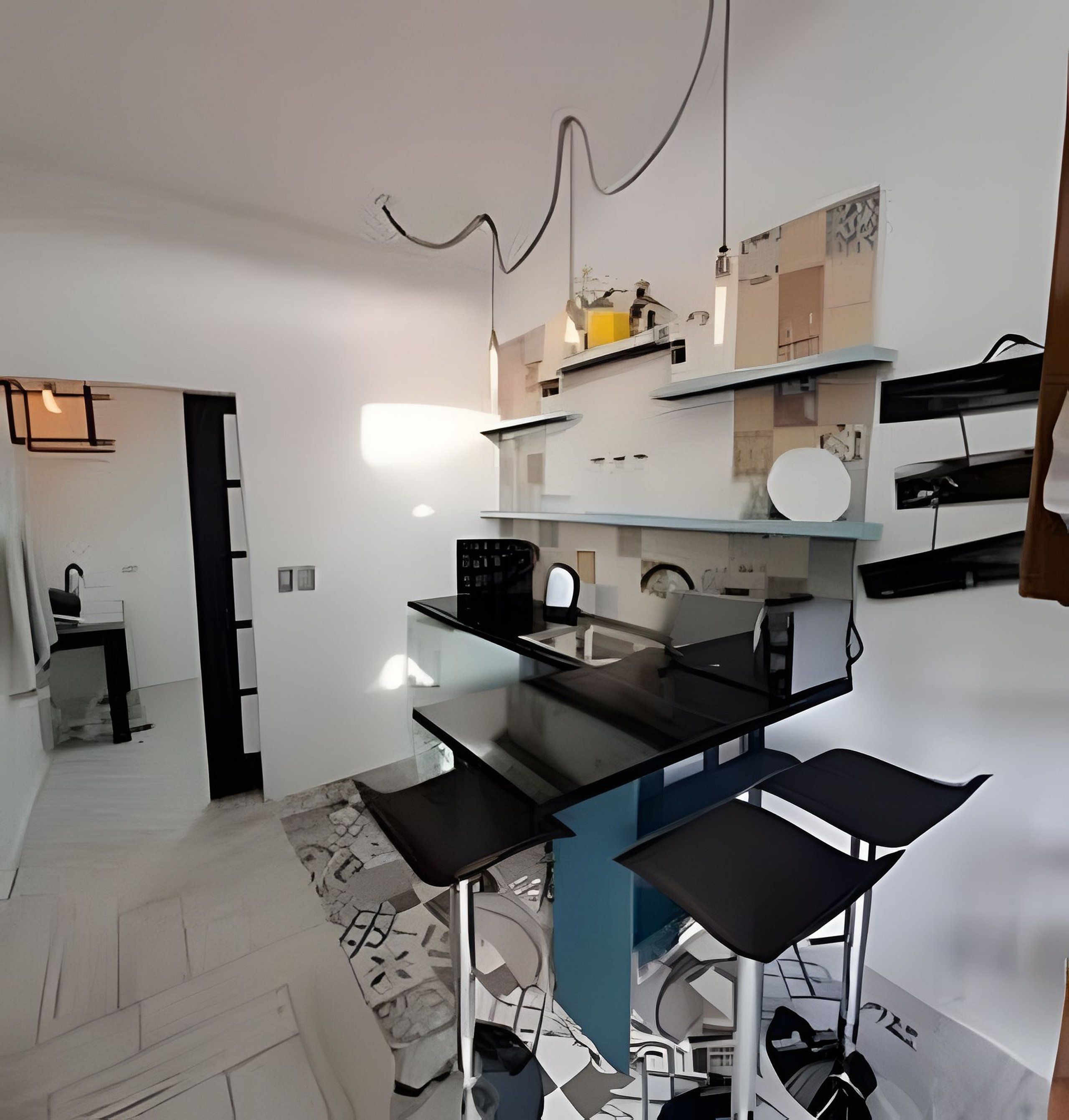 A modern kitchen with a central island, built-in appliances, and a hanging light fixture.