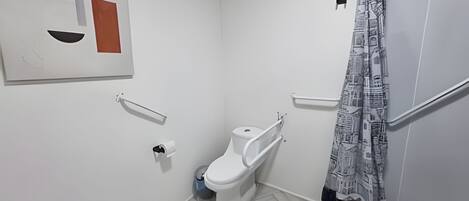 A bathroom with a toilet, a handrail, and a shower curtain.