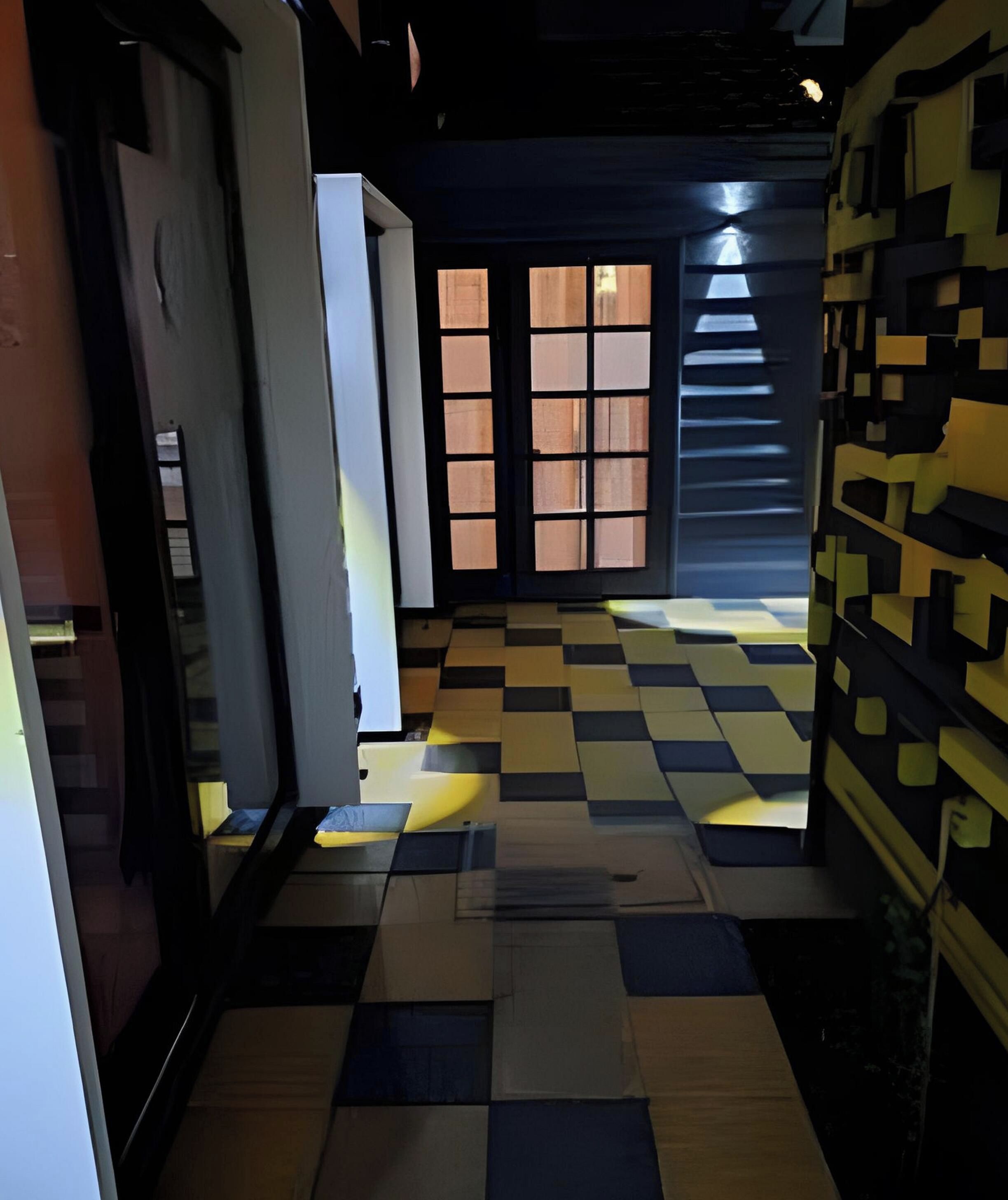 A hallway with a checkered floor pattern, a door with a window, and a wall with a geometric design.