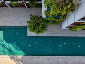 Una piscina en la azotea con vista despejada al cielo, rodeada de vegetación y una estructura de edificio moderna.