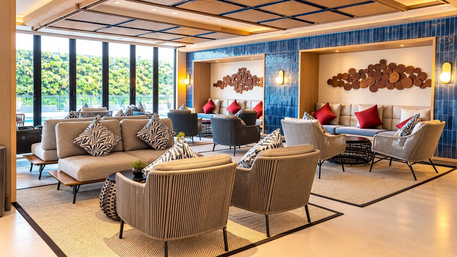 Um hall de hotel moderno com um conjunto de sofás, poltronas e uma mesa de centro.