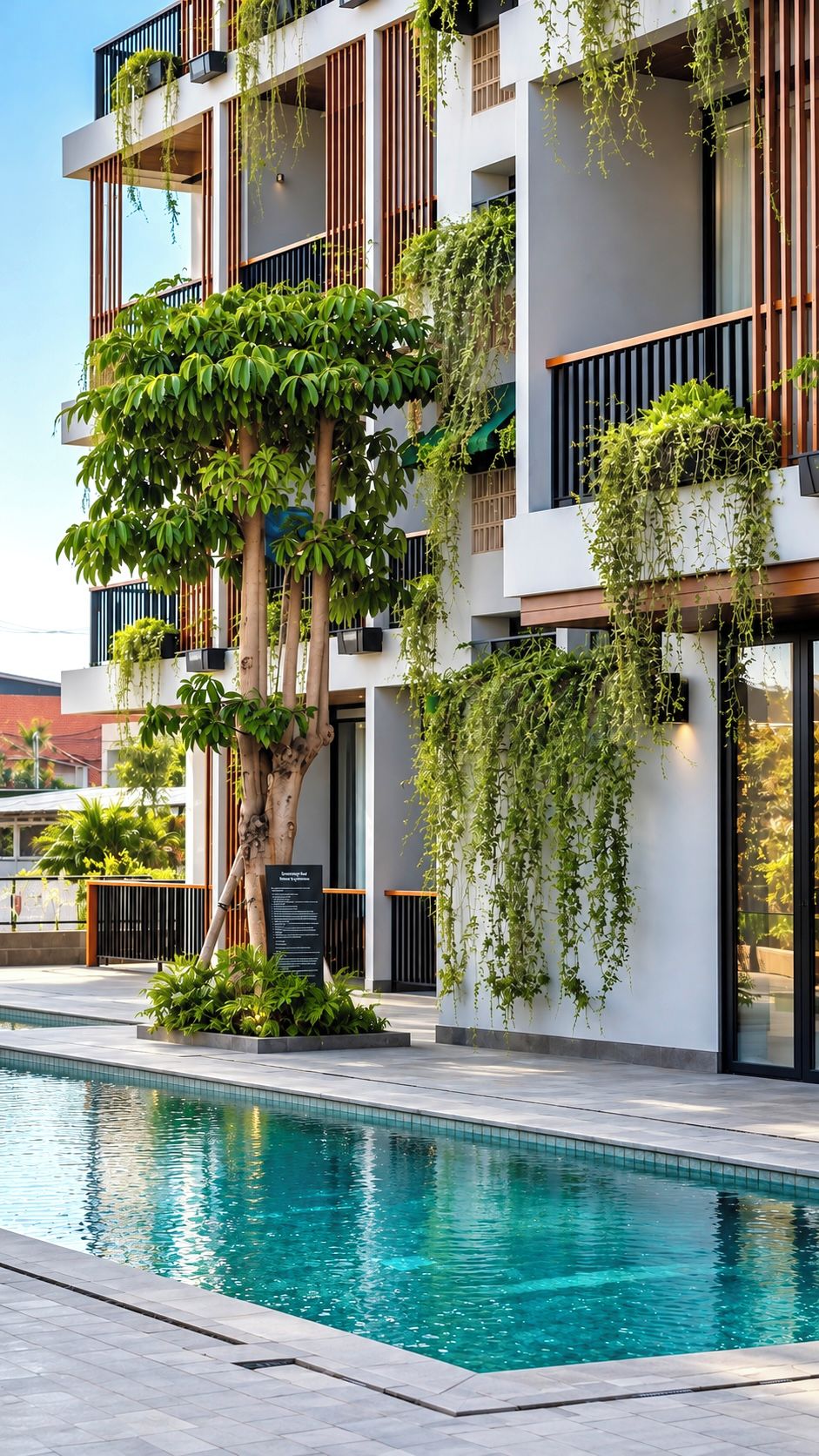 A modern building with a swimming pool, balconies with plants, and a clear sky.