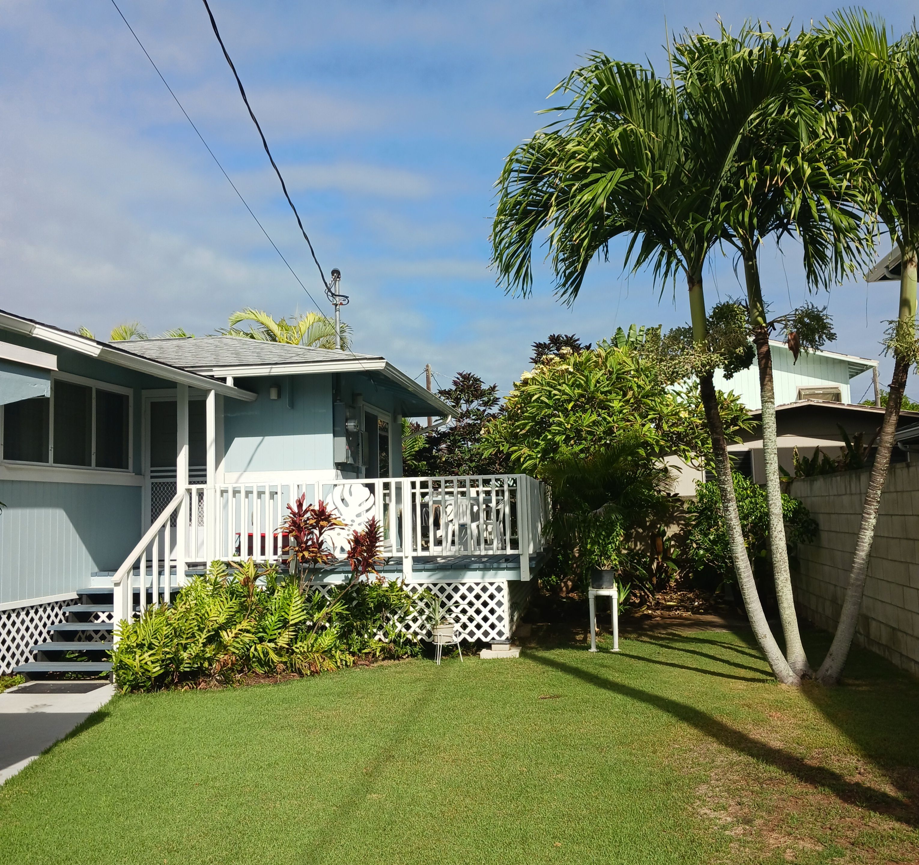 Uma casa com varanda, um pequeno jardim e uma palmeira.