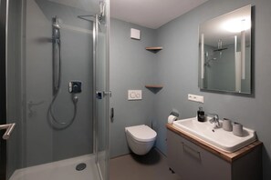 A bathroom with a glass-enclosed shower, a white toilet, a sink with a mirror, and a wooden countertop. - Ground Floor Apartment 1 (Beuren)