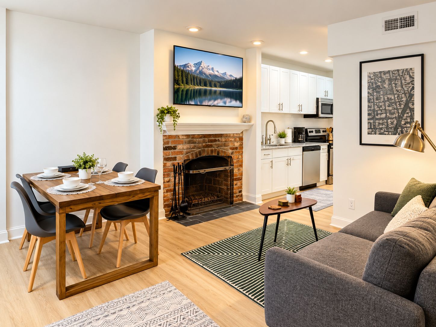 A modern living space with a dining area, fireplace, kitchen, and a grey sofa.