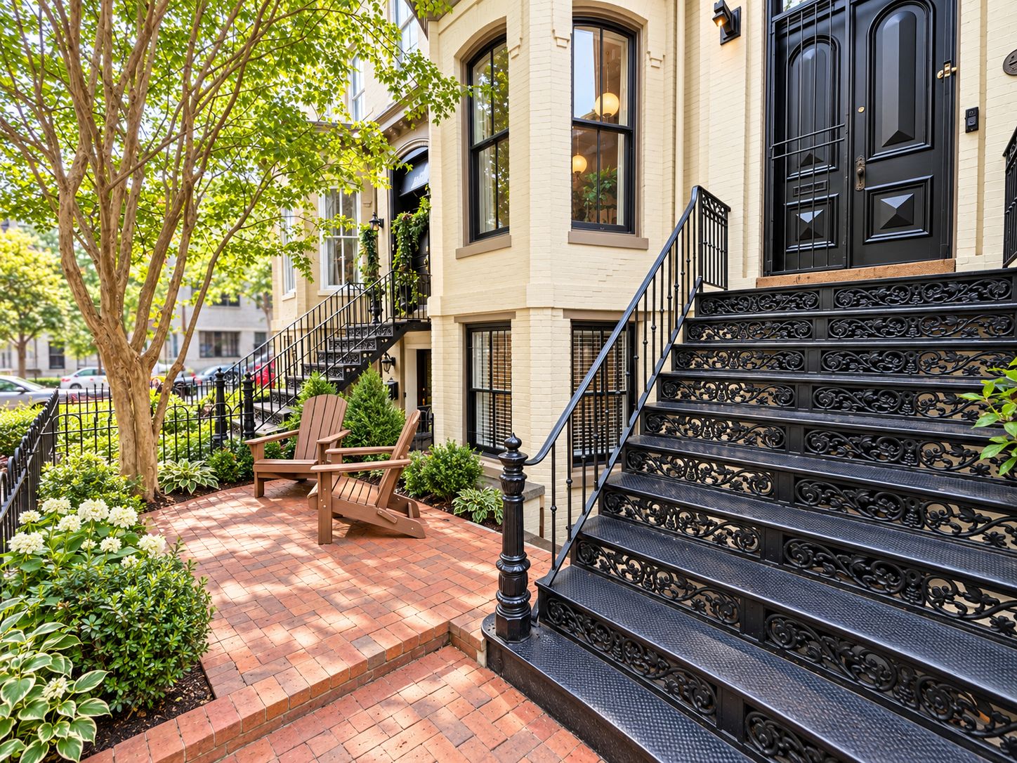 A residential building with a brick pathway, a wooden bench, and a staircase with ornate metal railings.