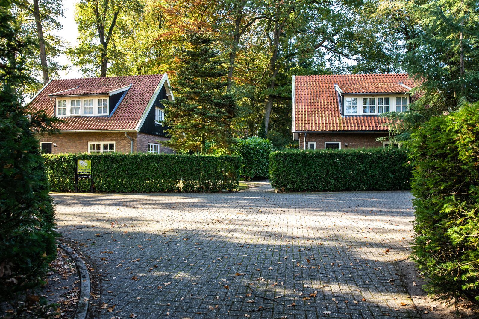 Een woonwijk met twee huizen, een verharde oprit en een haag.