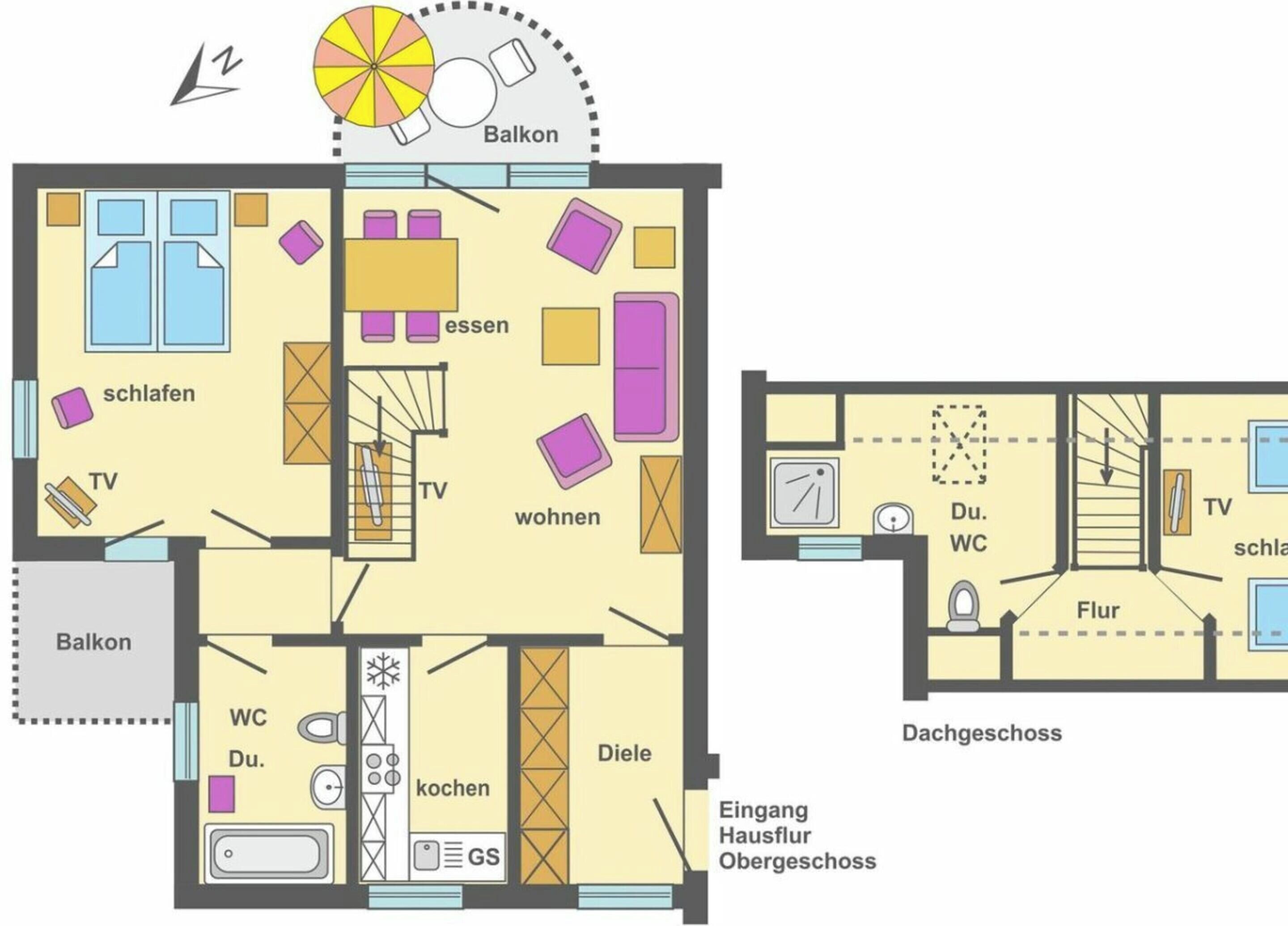 A hotel floor plan with a balcony, TV in each room, a kitchen, and a WC.