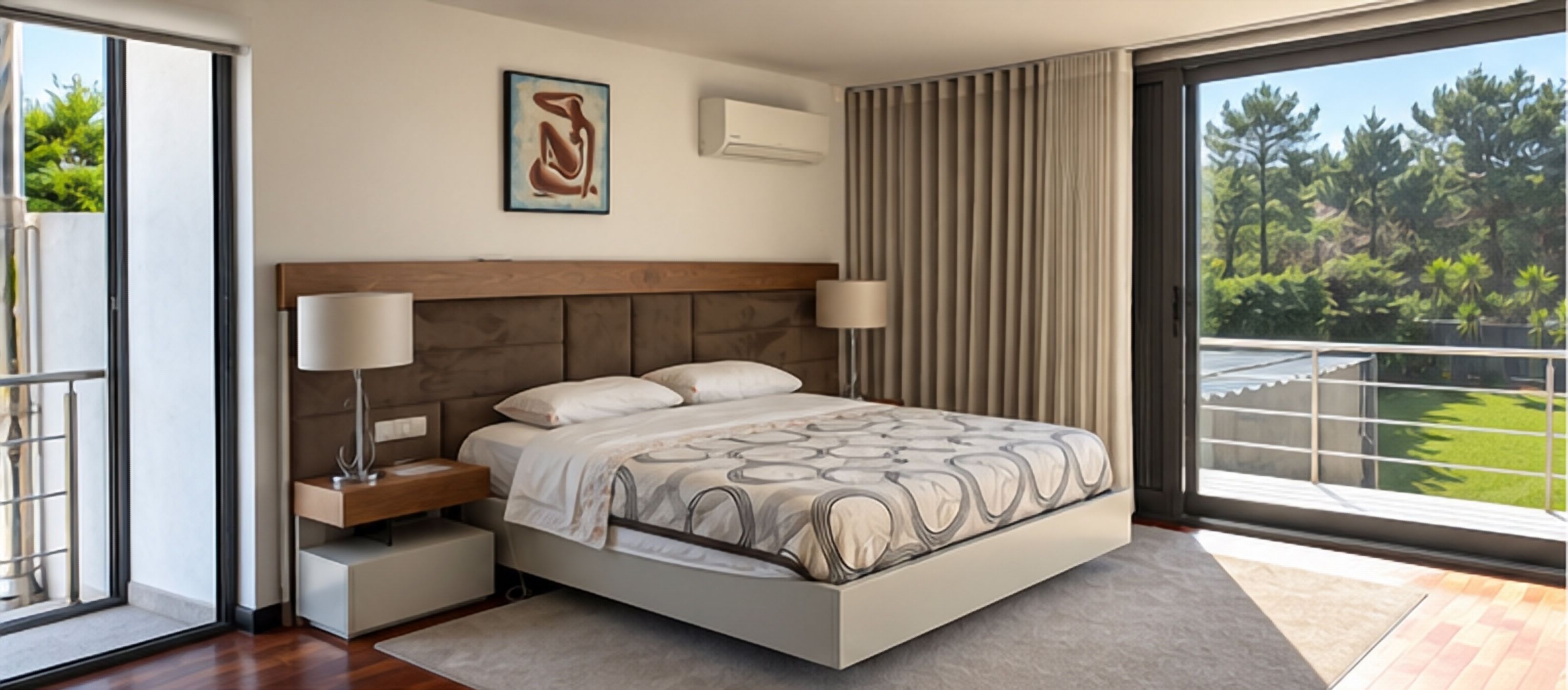 Una camera da letto moderna con un letto grande, lampade da comodino, un comodino e vista sul verde attraverso la finestra.