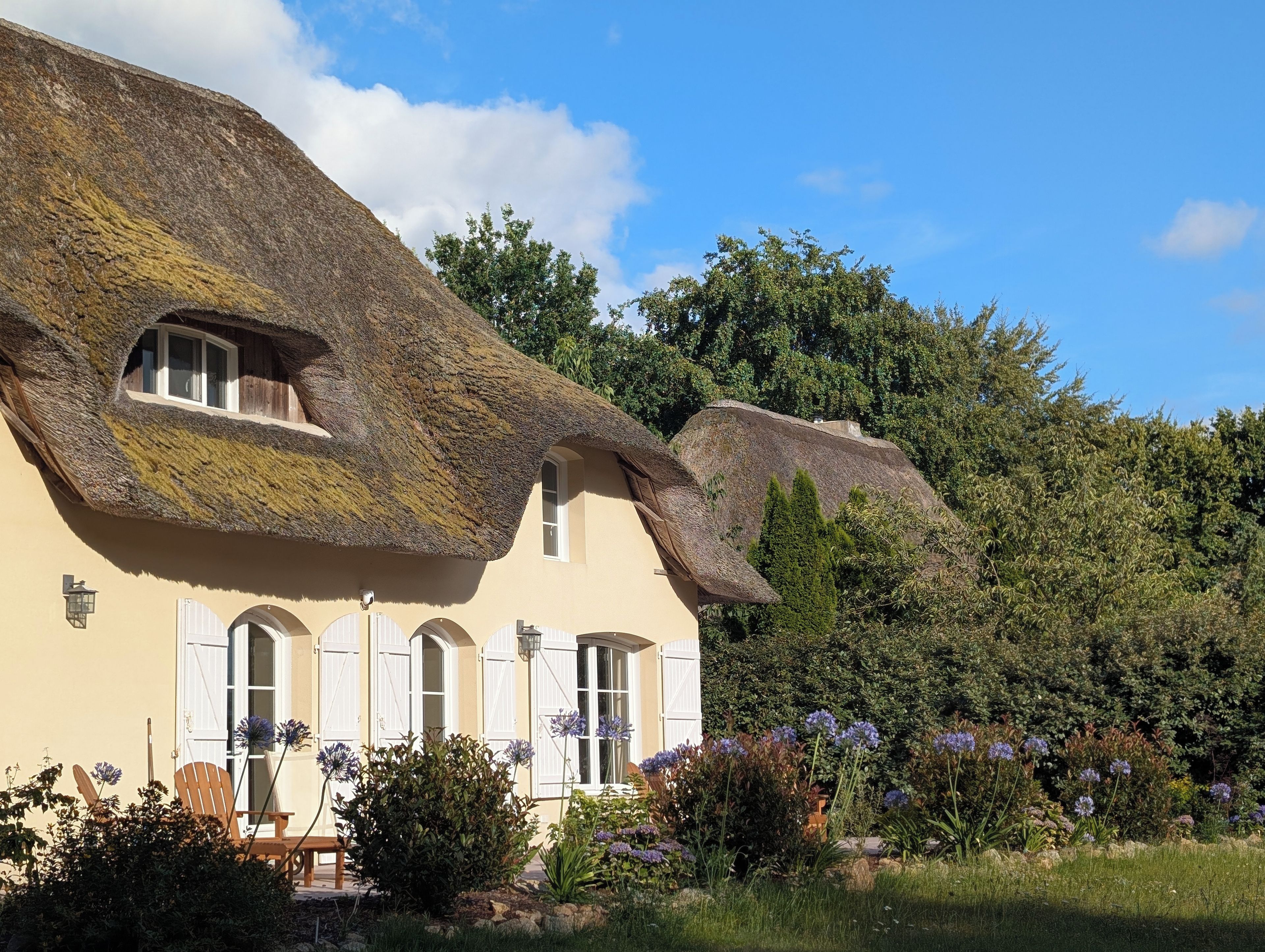 Une maison traditionnelle avec un toit de chaume et des volets blancs, entourée d’un jardin où poussent différentes plantes et fleurs.