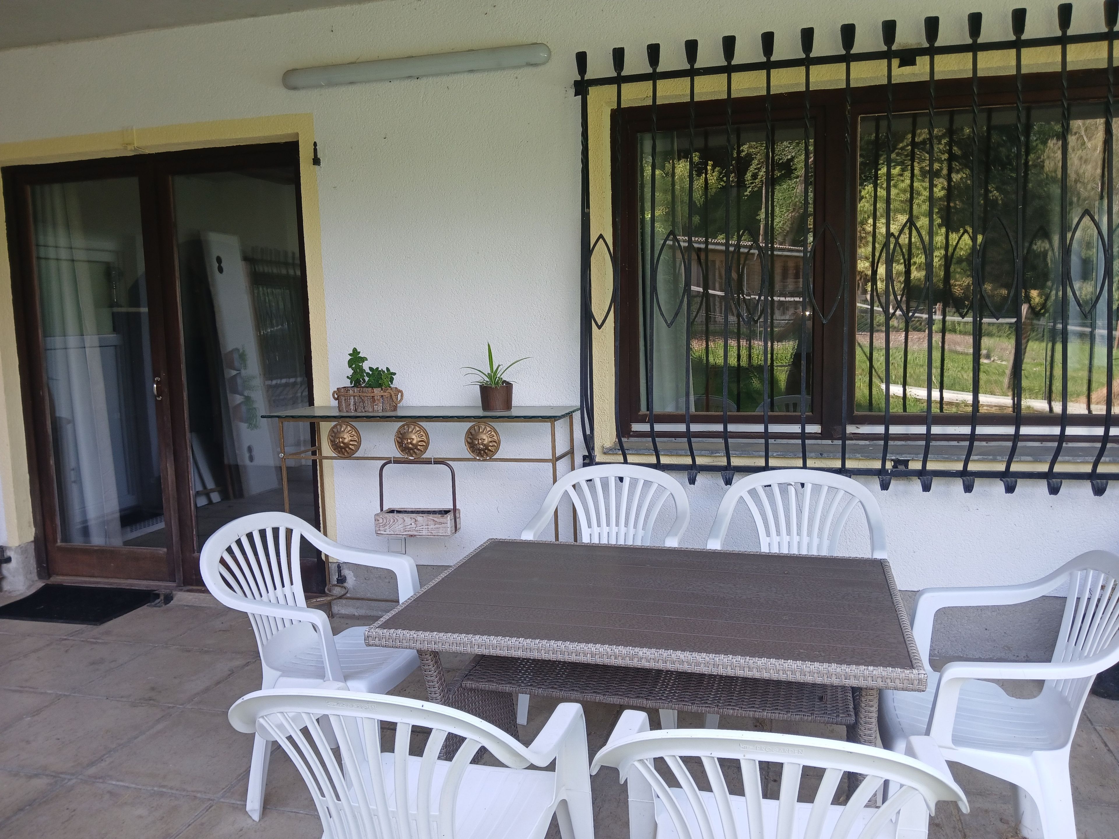 An outdoor patio with a table and chairs, a potted plant, and a window with a metal grill.