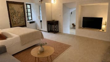 Een moderne slaapkamer met een bed, een klein rond tafeltje met een vaas, een schilderij aan de muur, een televisie en een open haard.