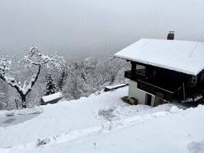 A snow-covered cabin with a balcony, surrounded by trees and a snowy landscape. - Chalet L'appel Giettes (Monthey)