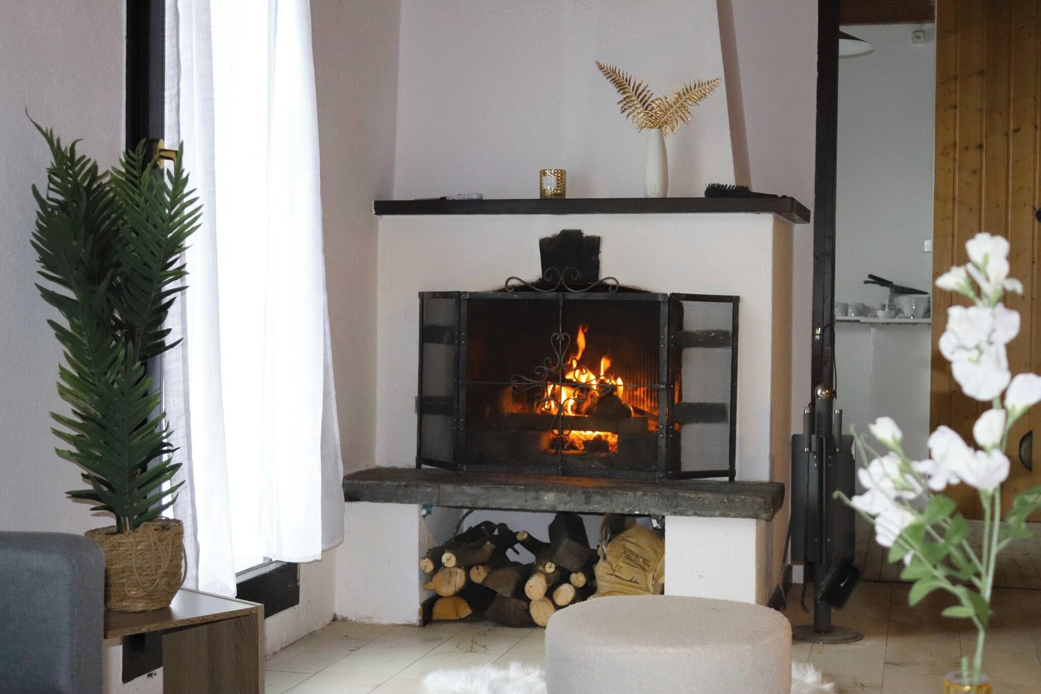 Una sala de estar con chimenea, una planta en maceta y piso de madera.