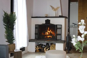 Una sala de estar con chimenea, una planta en maceta y piso de madera.