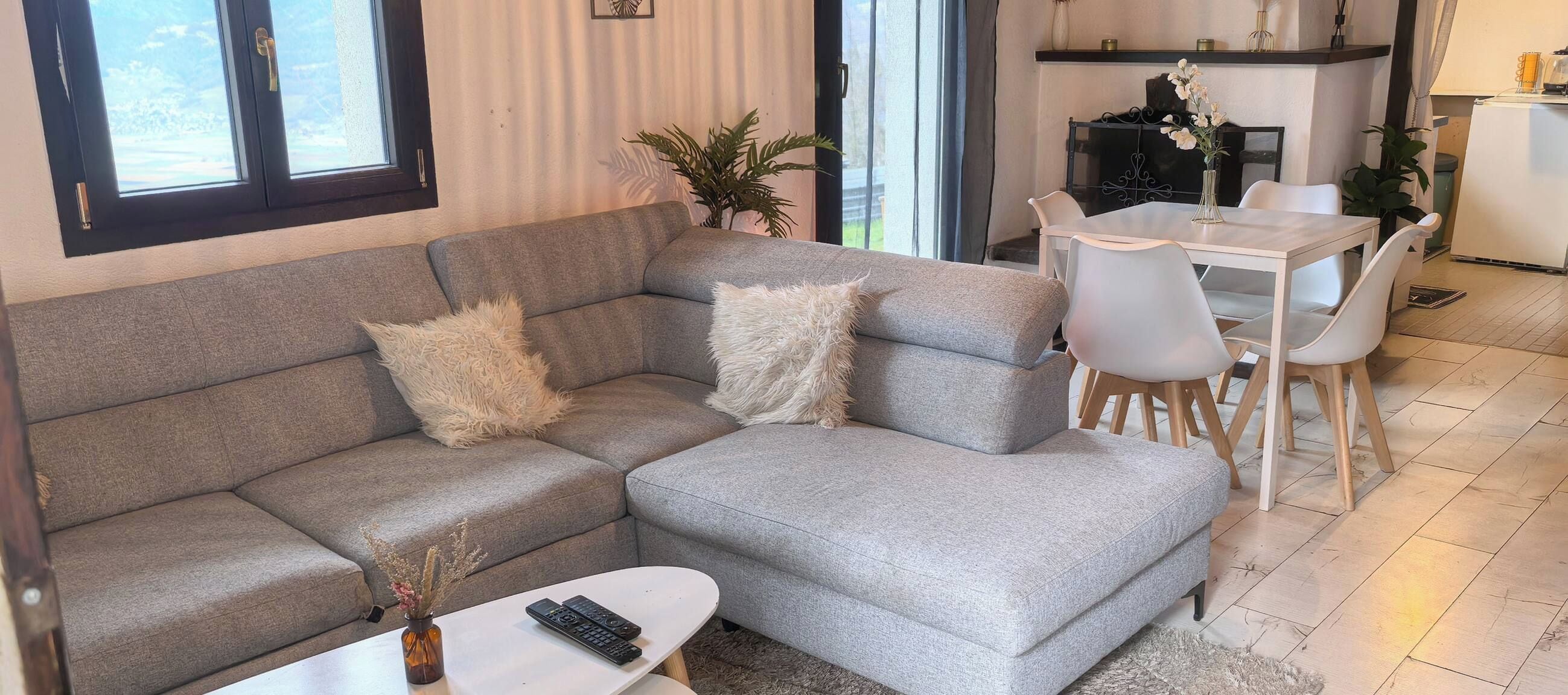 A living room with a grey sofa, two fluffy pillows, a small table with a vase and remotes, and a dining area with a white table and chairs.