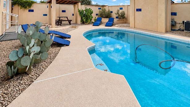 A swimming pool with lounge chairs and a cactus plant. - Desert Oasis w/ Private Pool Near ASU (Tempe)