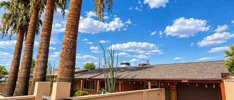 A residential property with a garage, palm trees, and a clear blue sky.