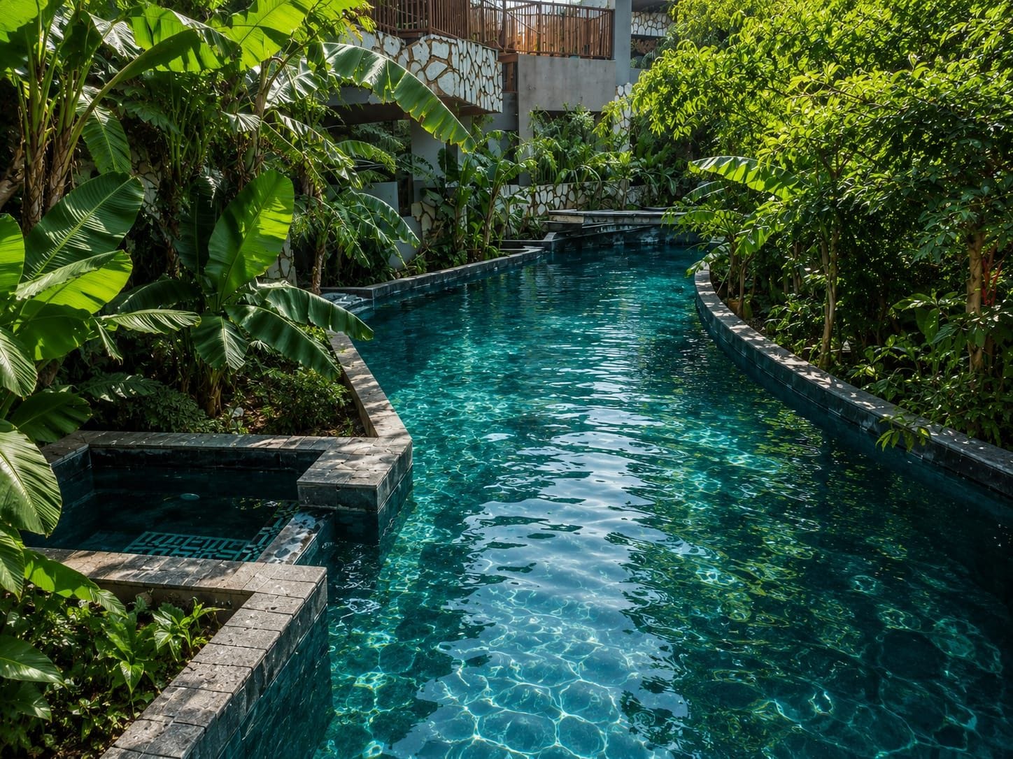 A clear, narrow swimming pool surrounded by lush greenery and stone walls.