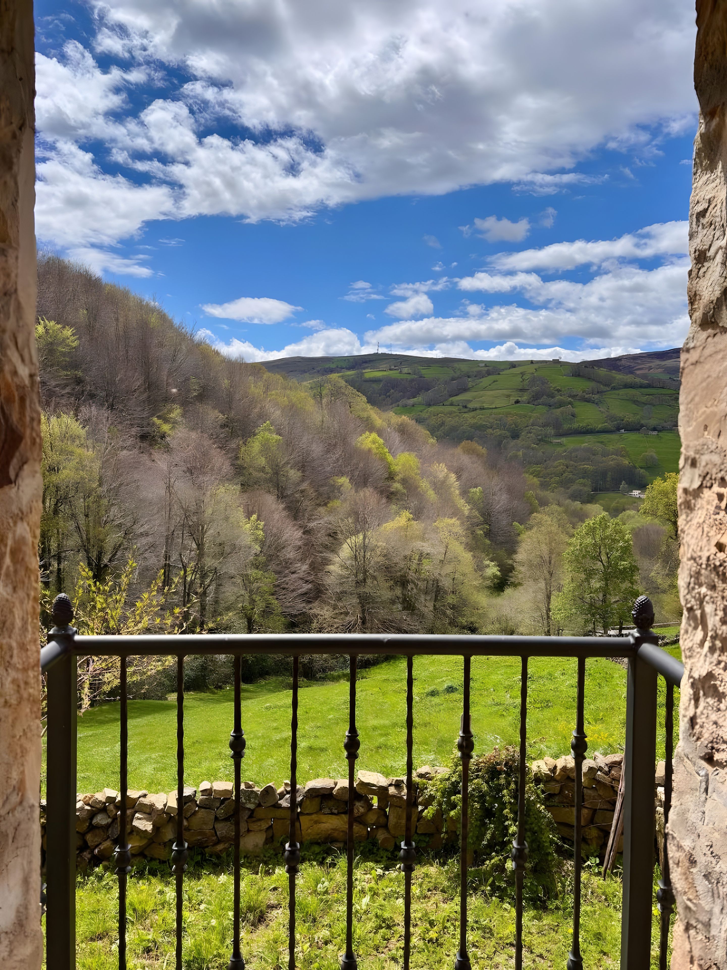 Un muro de piedra con barandilla metálica, un campo cubierto de hierba y un paisaje montañoso con árboles bajo un cielo parcialmente nublado.