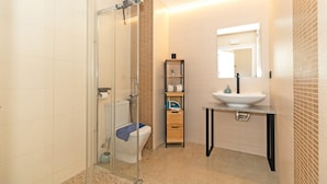 Un bagno con doccia vetrata, un WC, un lavandino e uno scaffale con articoli da toilette.