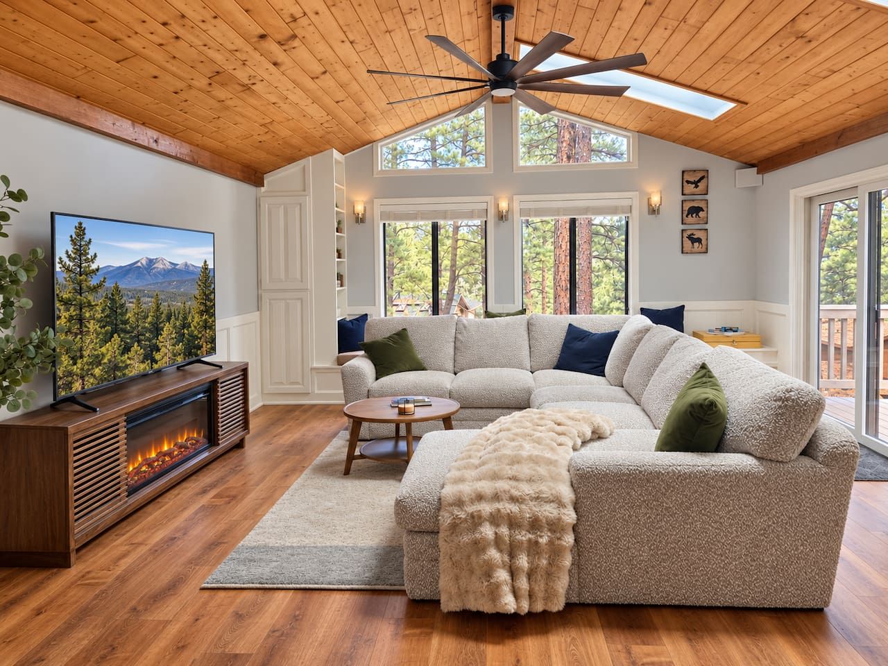 A cozy living room with a sectional sofa, a fireplace, and a ceiling fan.