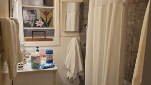 Une salle de bain équipée d’une douche, de toilettes, d’un lavabo et d’un miroir au-dessus du lavabo.