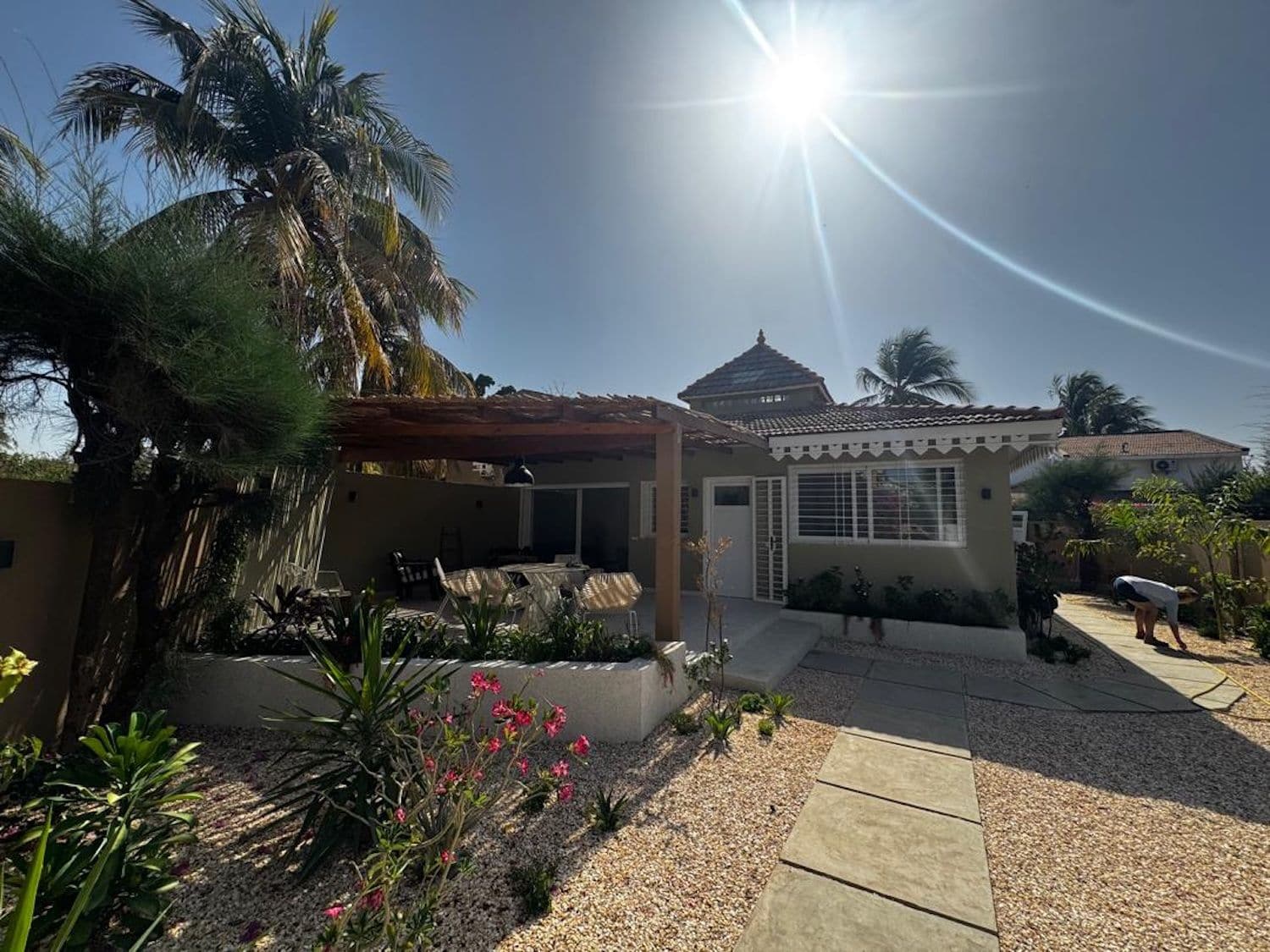 A house with a covered patio, a garden with various plants, and a clear sky.