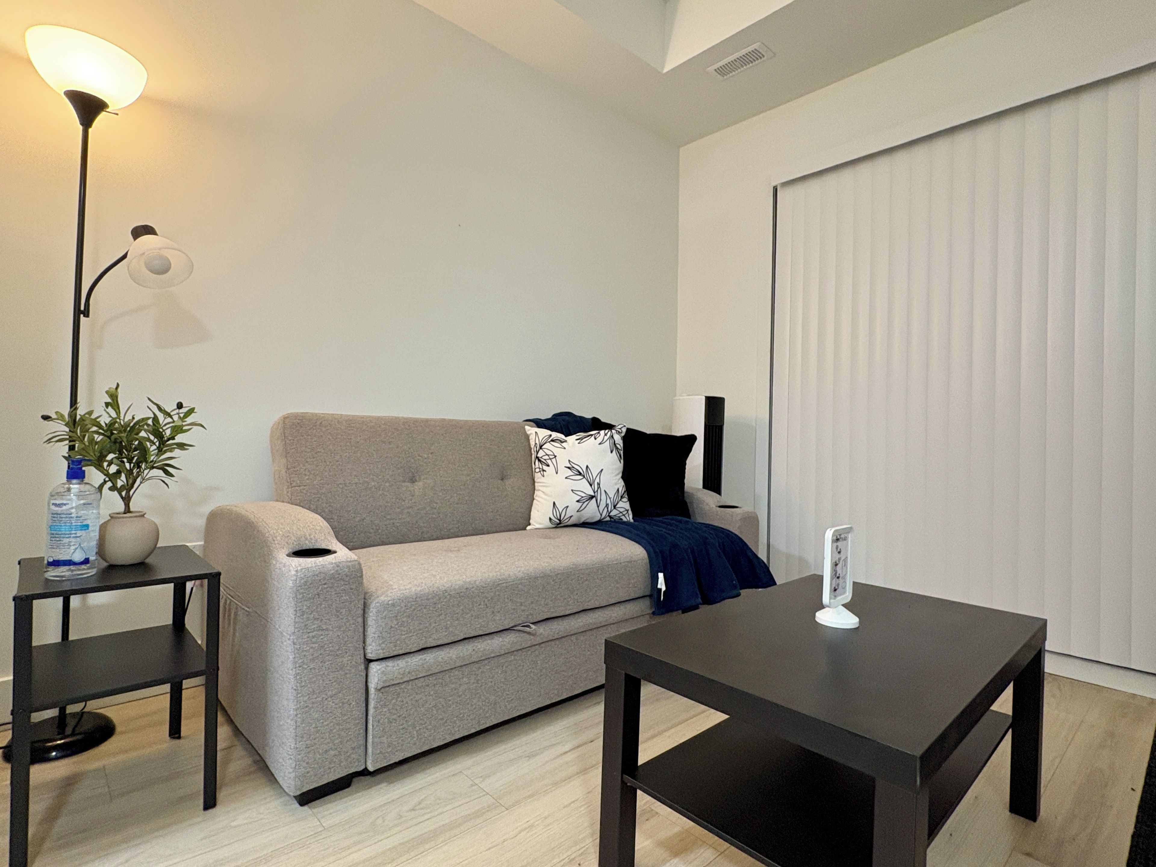 A modern living room with a sofa, a coffee table, a floor lamp, and a radiator.