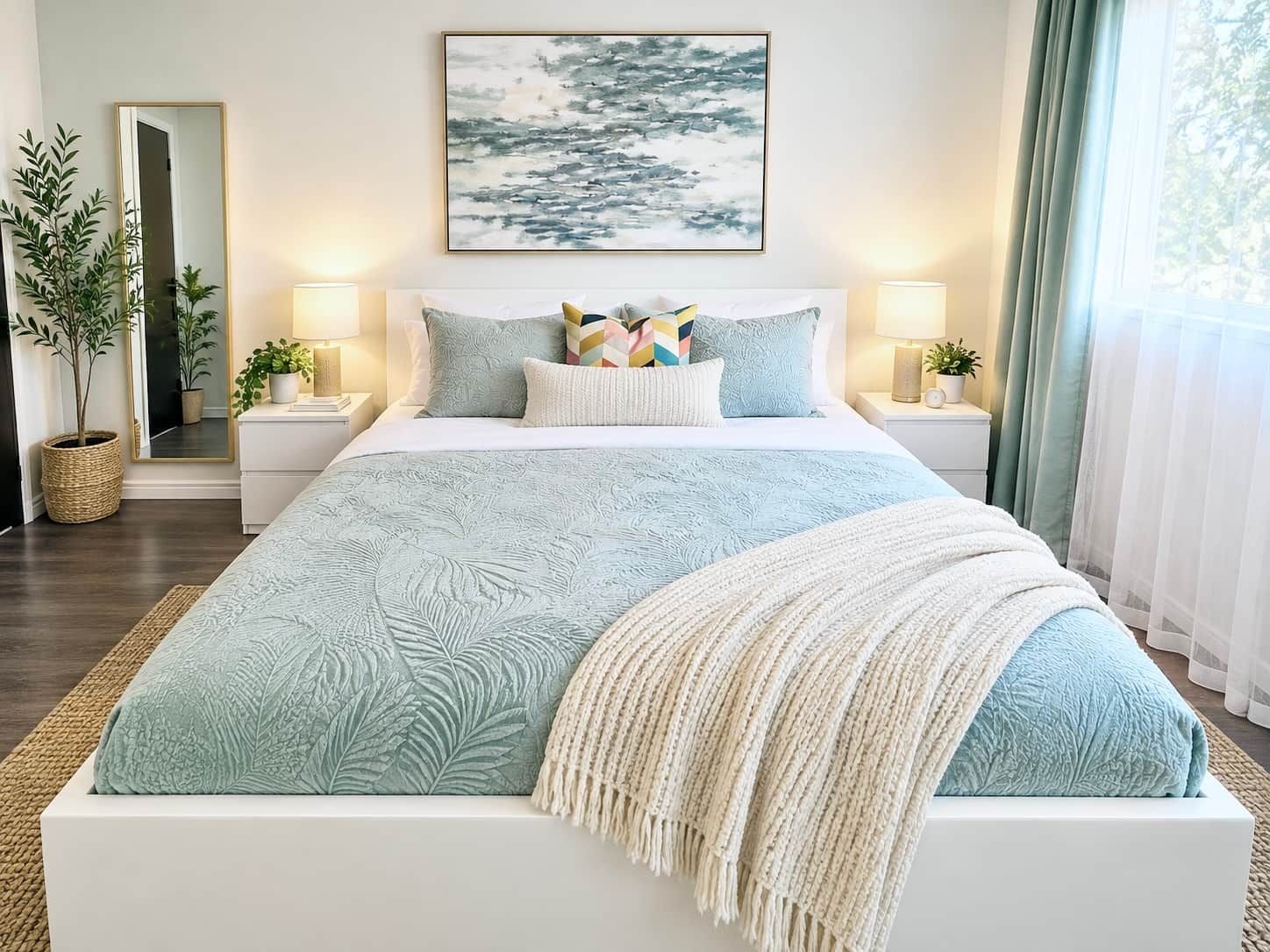 A bedroom with a bed, two bedside tables, a mirror, a painting, and a window with curtains.