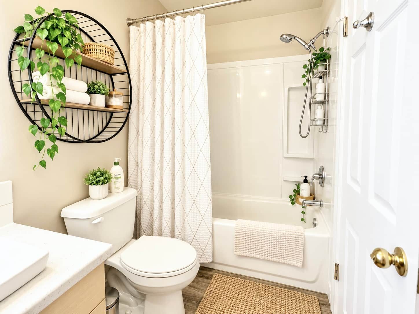 Un baño con inodoro, ducha, bañera y lavamanos.