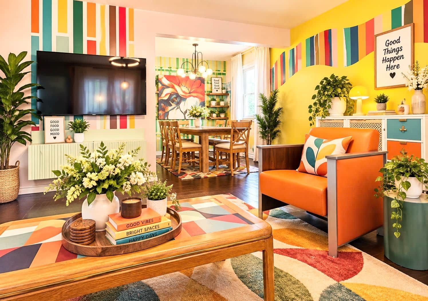 A vibrant living room with a sofa, coffee table, and a TV. There is a dining area with chairs and a table. The walls are decorated with colorful stripes.