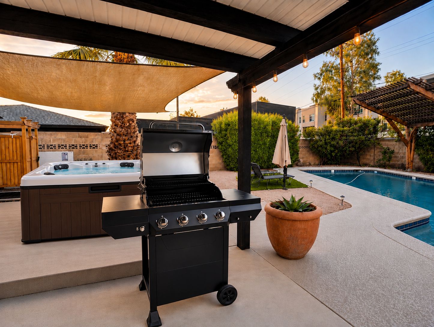 Ein Garten mit Grill, Whirlpool und Schwimmbecken.