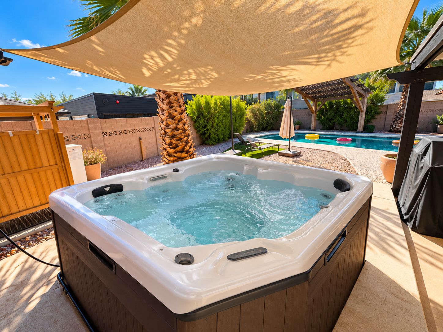Una vasca idromassaggio in un ambiente esterno con piscina e zona coperta.