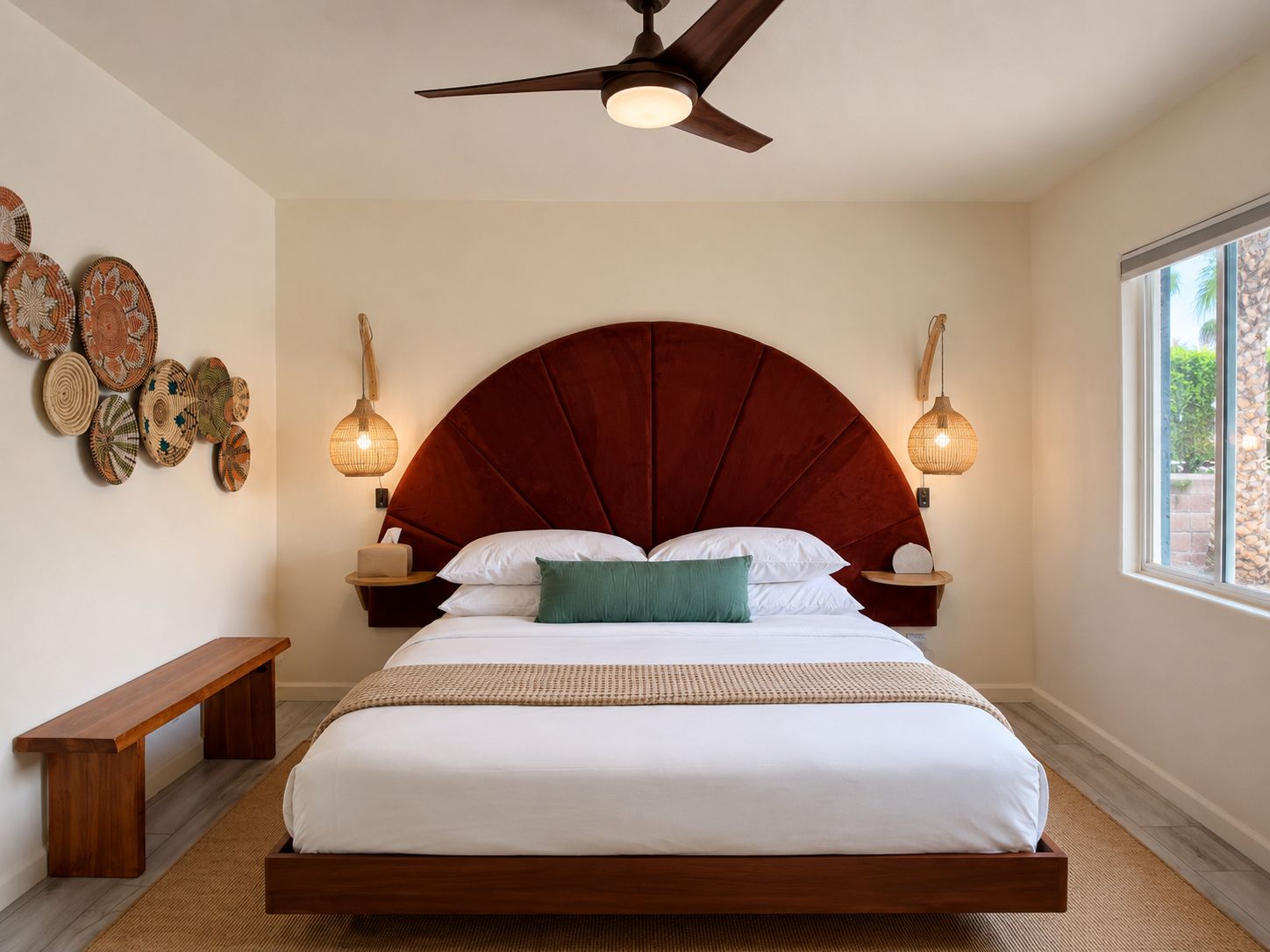Un dormitorio con una cama grande, ventilador de techo, lámparas de pared y un banco.